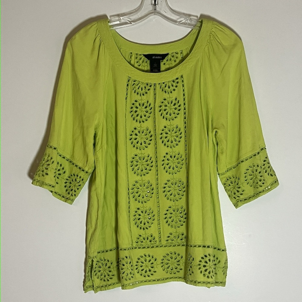 Ali Miles Top Womens Large Green Textured‎ Eyelet Lagenlook Artsy Linen Blend L